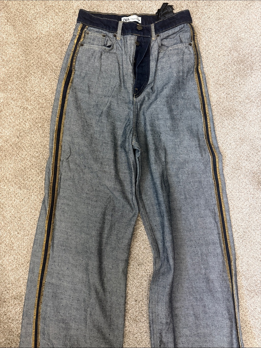 Zara Men’s Gray Relaxed Jeans with Navy and Gold Side Stripes